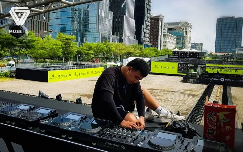 The stage of a major music festival with DJ equipment supplied by Muse Inc