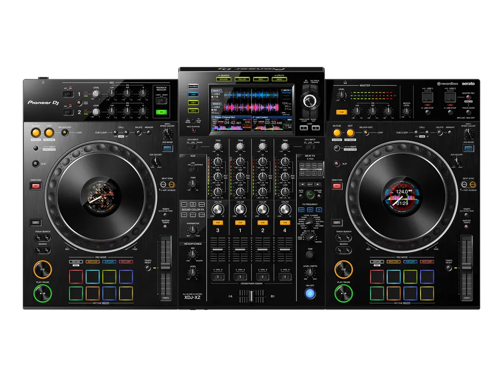 Close-up of the Pioneer XDJ-XZ jog wheels, screen and mixer section